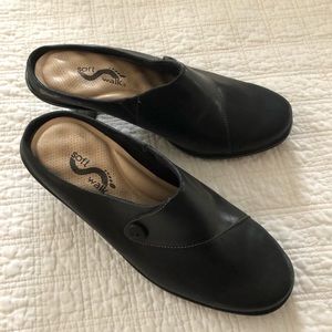 Mules w side buttons, 2” heel, memory foam lining.